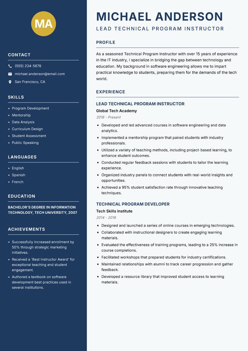 Technical Program Instructor resume template — Classic Clean