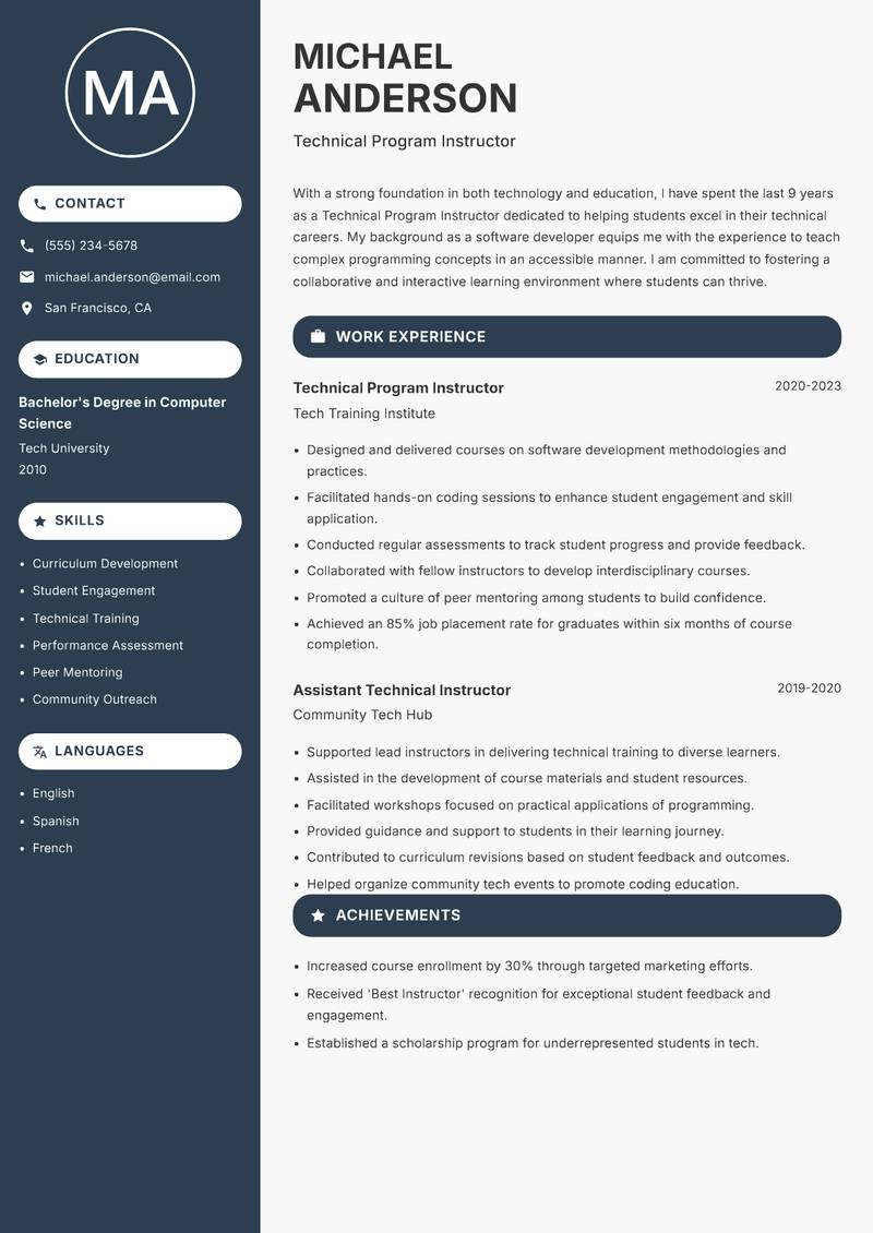 Technical Program Instructor resume template — Compact