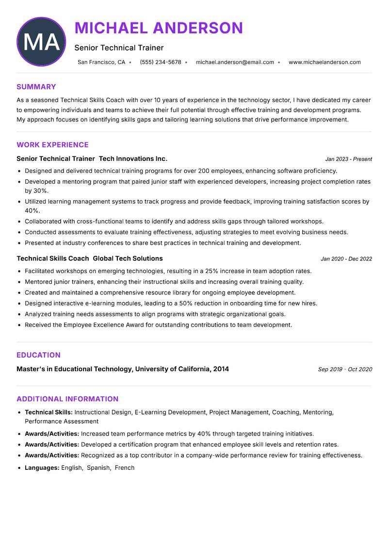 Technical Skills Coach resume example — ATS-friendly template