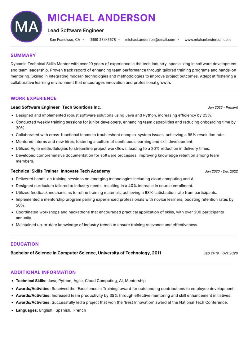 Technical Skills Mentor resume example — ATS-friendly template