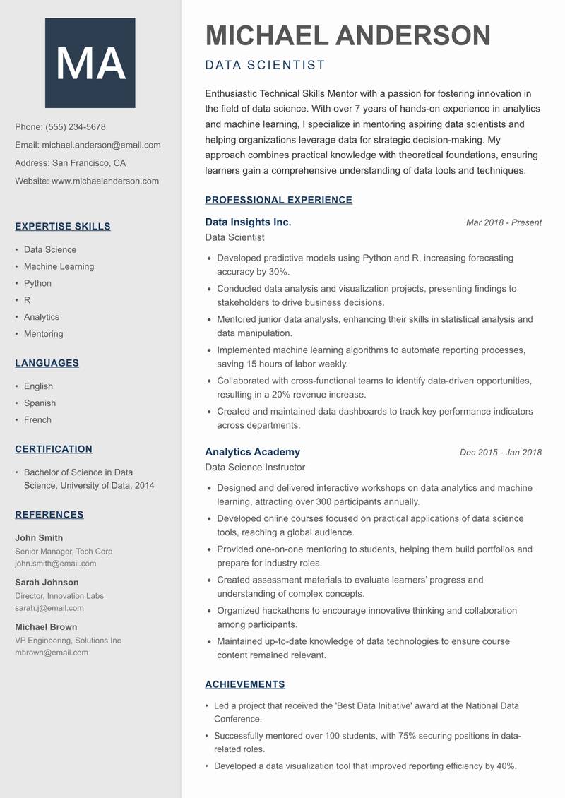 Technical Skills Mentor resume template — Creative Minimal