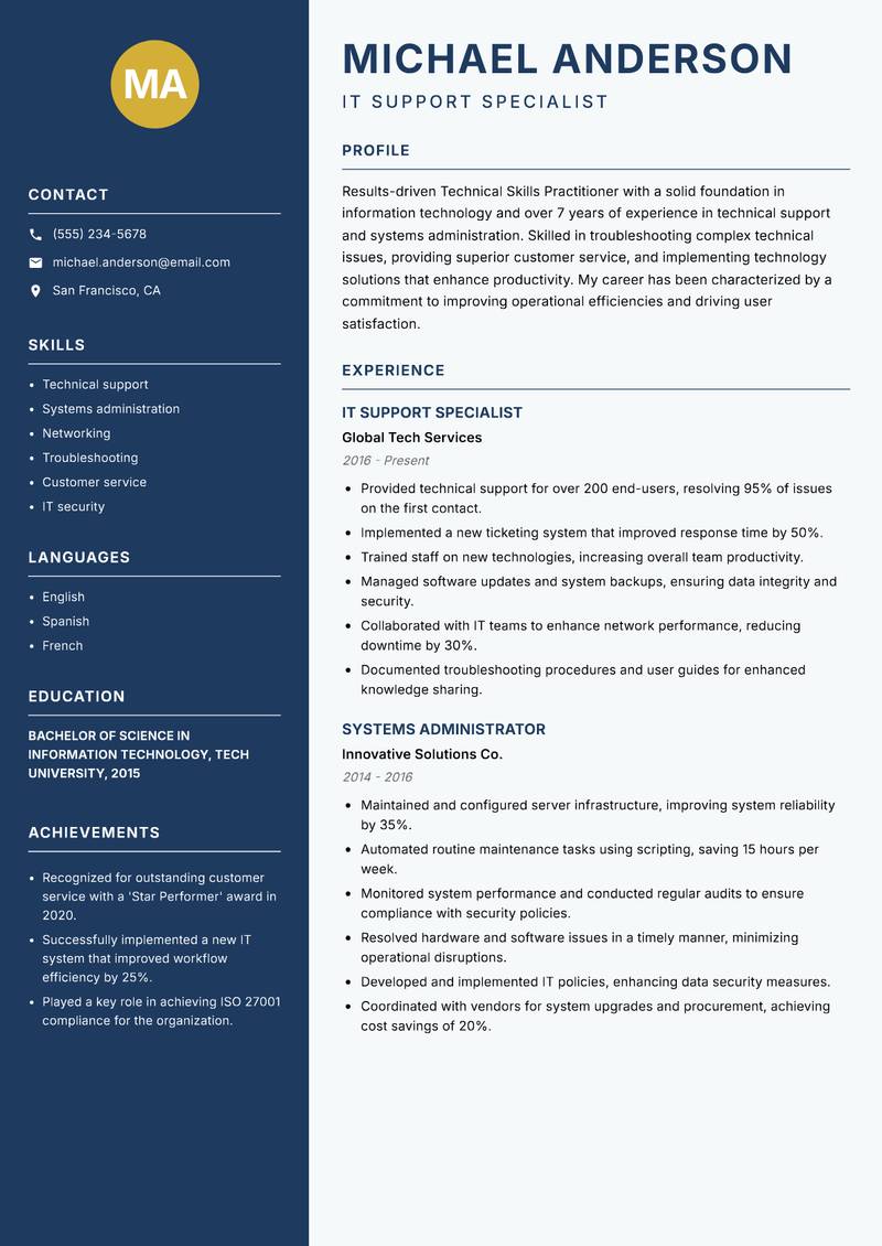 Technical Skills Practitioner resume template — Classic Clean