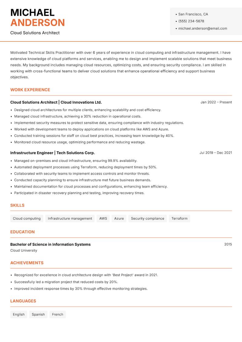 Technical Skills Practitioner resume template — Modern Professional
