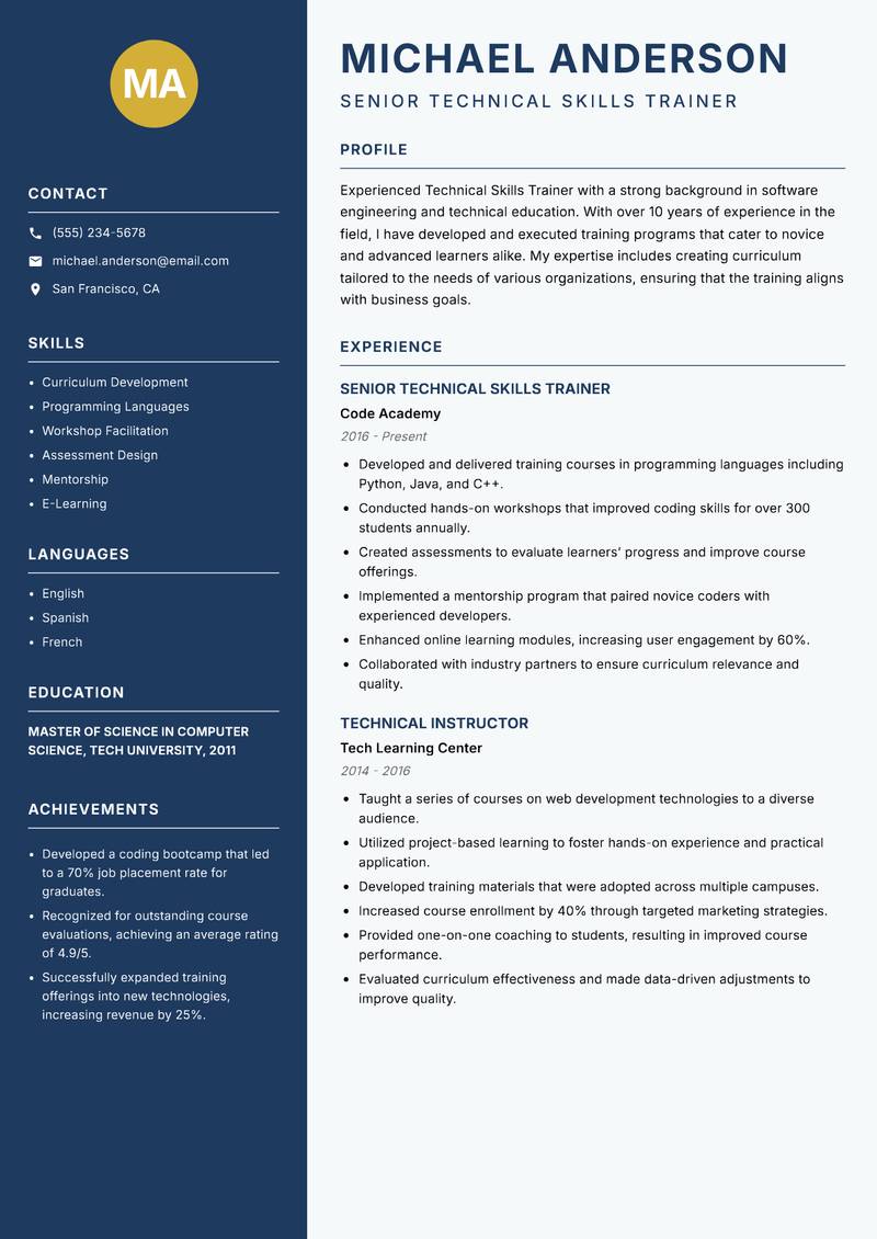 Technical Skills Trainer resume template — Classic Clean