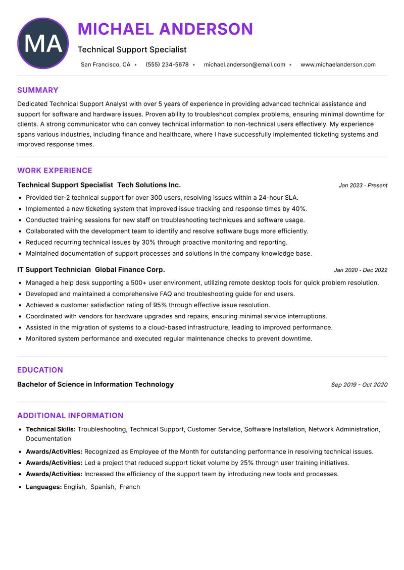 Technical Support Analyst resume example — ATS-friendly template