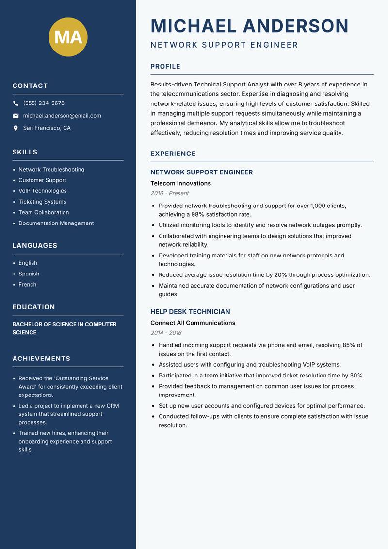 Technical Support Analyst resume template — Classic Clean