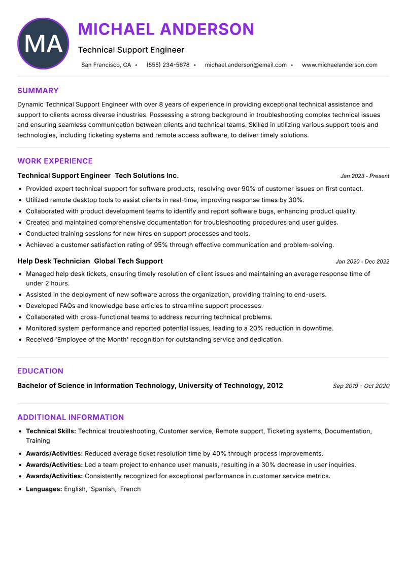 Technical Support Engineer resume example — ATS-friendly template