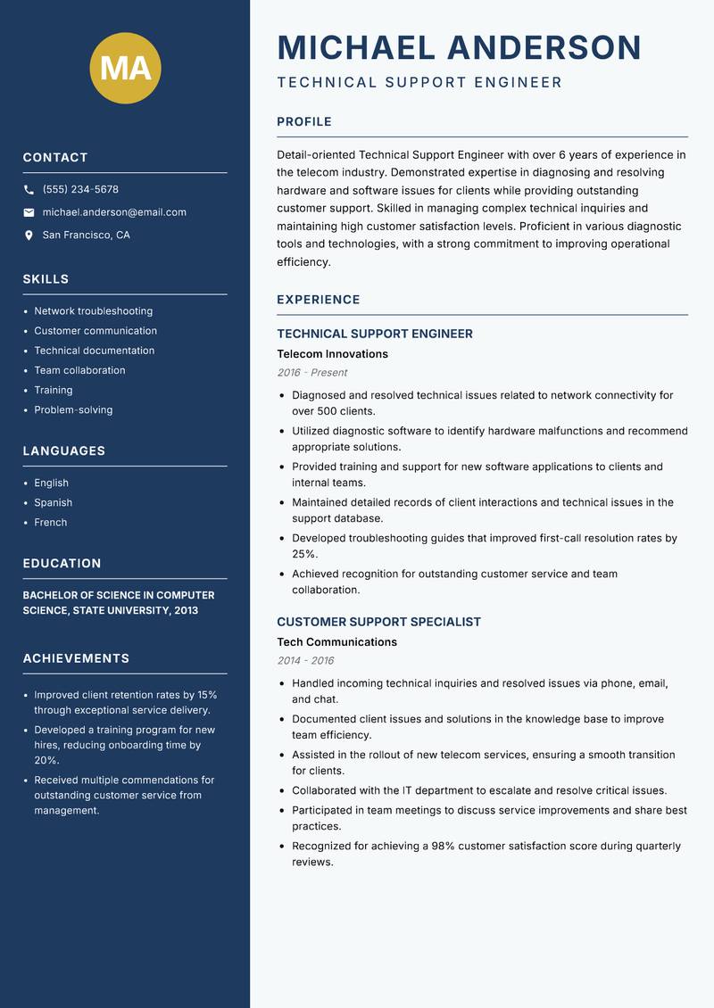 Technical Support Engineer resume template — Classic Clean