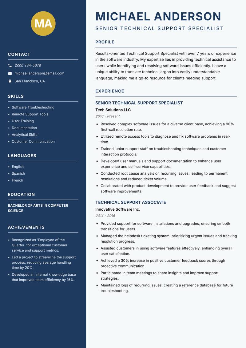 Technical Support Specialist resume template — Classic Clean