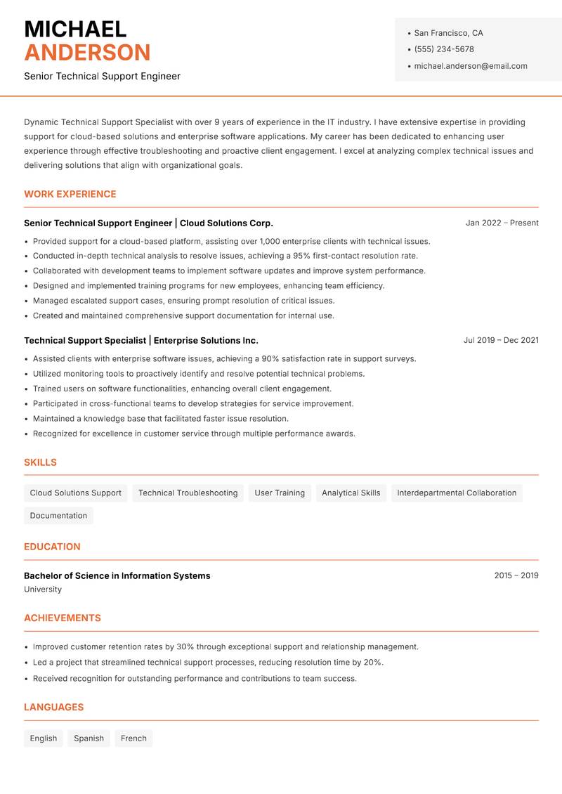 Technical Support Specialist resume template — Modern Professional