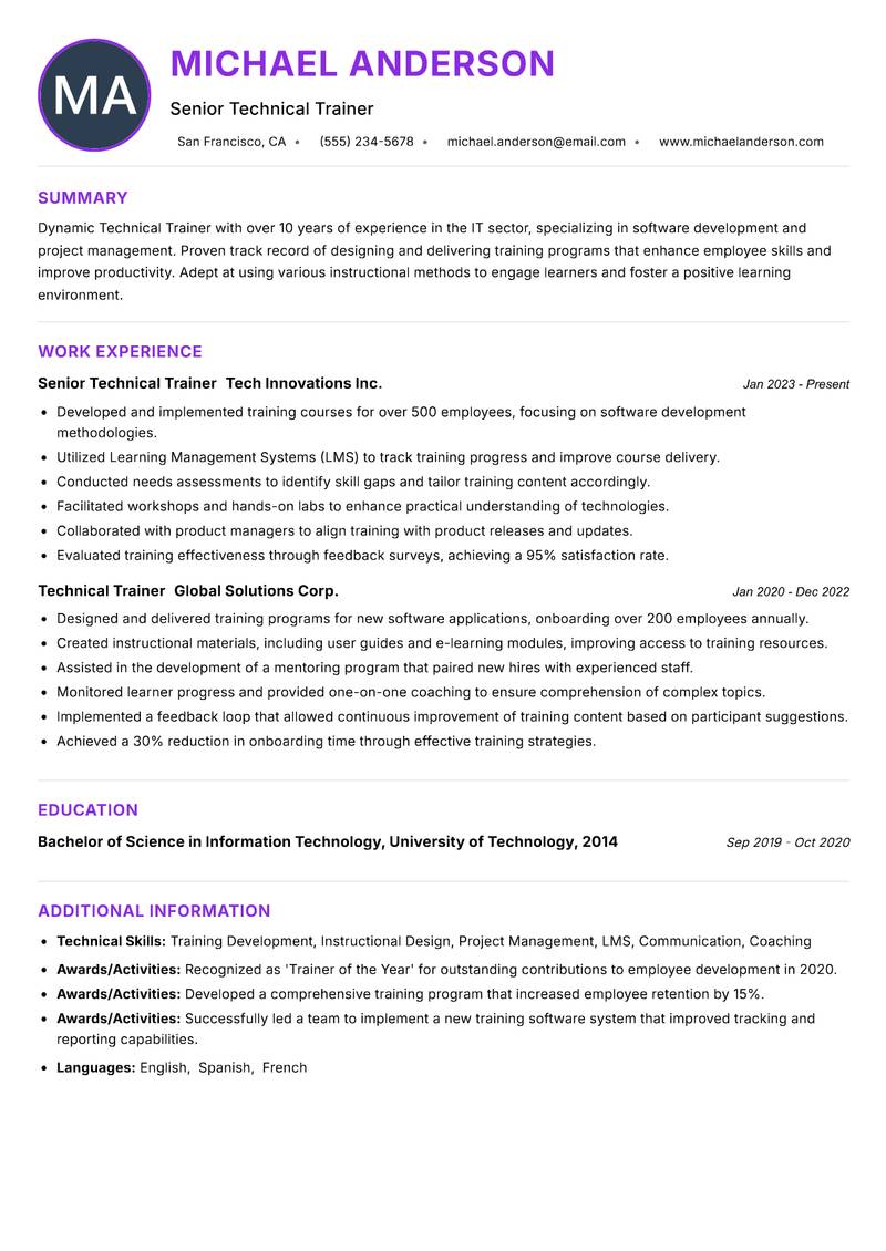 Technical Trainer resume example — ATS-friendly template