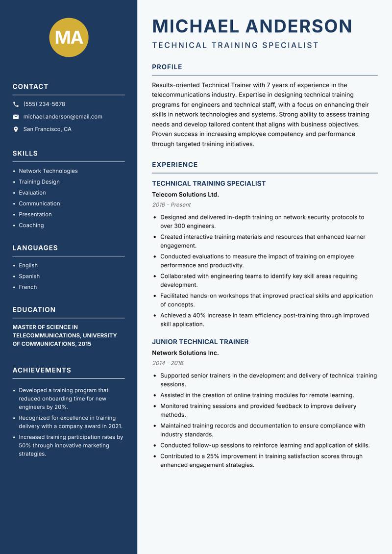 Technical Trainer resume template — Classic Clean