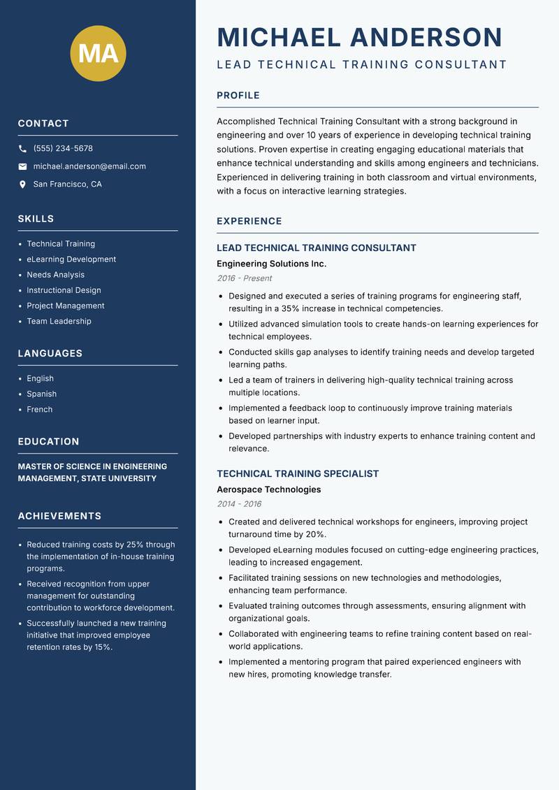 Technical Training Consultant resume template — Classic Clean