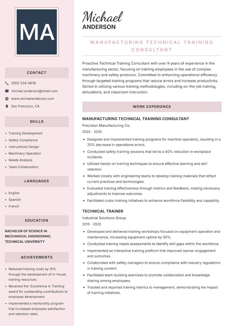 Technical Training Consultant resume template — Executive