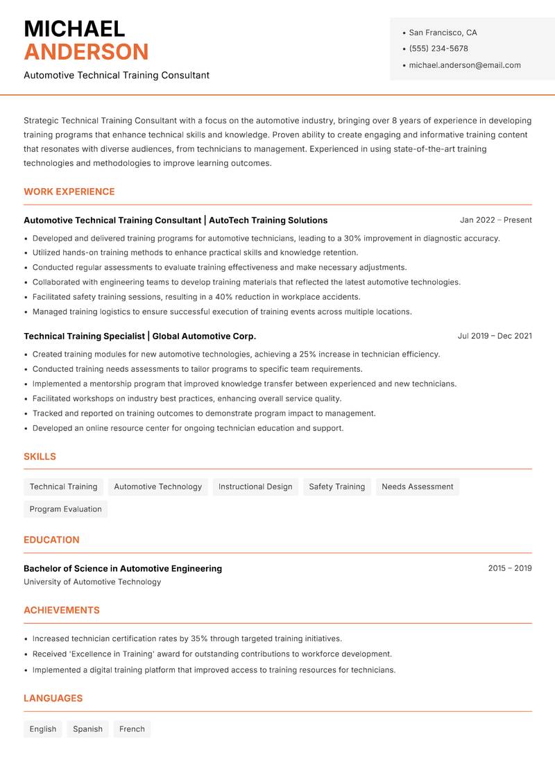 Technical Training Consultant resume template — Modern Professional