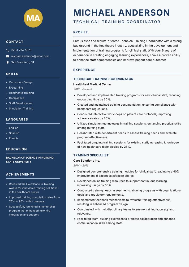 Technical Training Coordinator resume template — Classic Clean