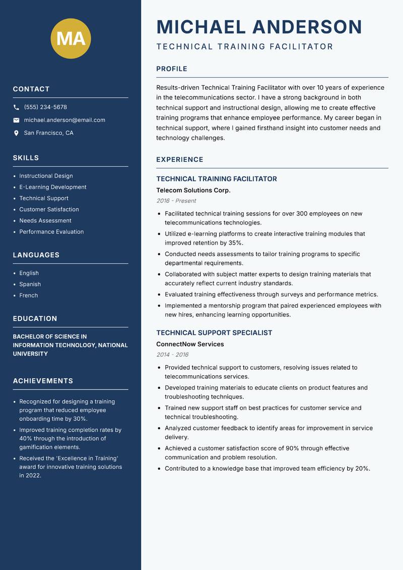 Technical Training Facilitator resume template — Classic Clean