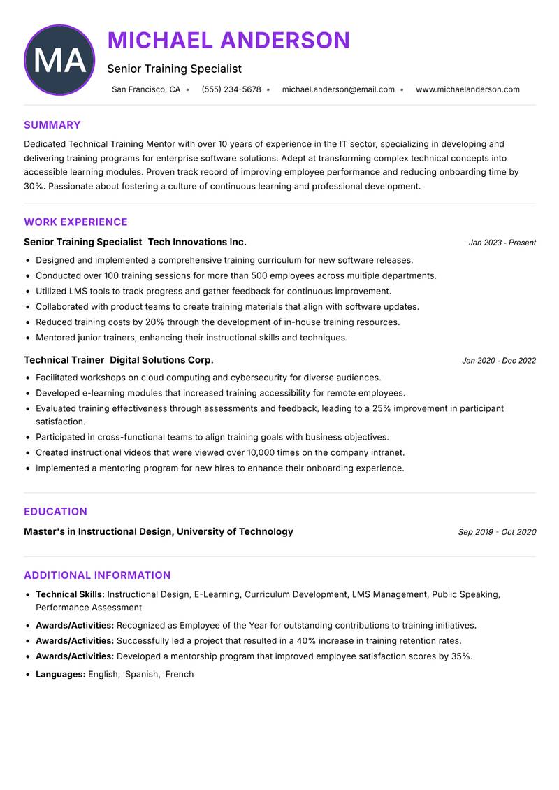 Technical Training Mentor resume example — ATS-friendly template