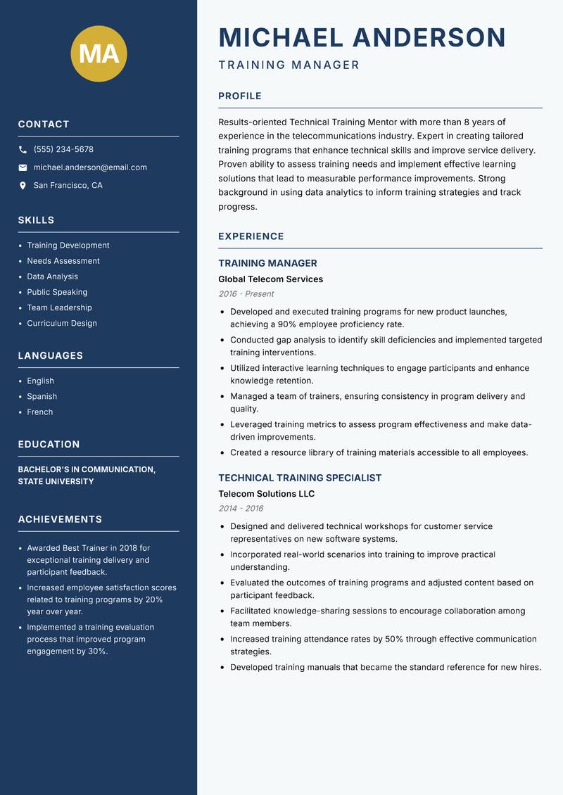 Technical Training Mentor resume template — Classic Clean