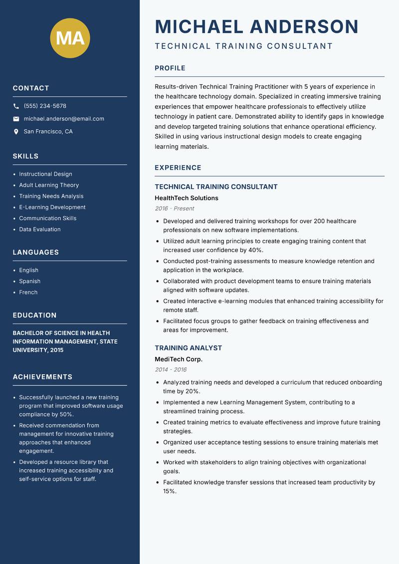 Technical Training Practitioner resume template — Classic Clean
