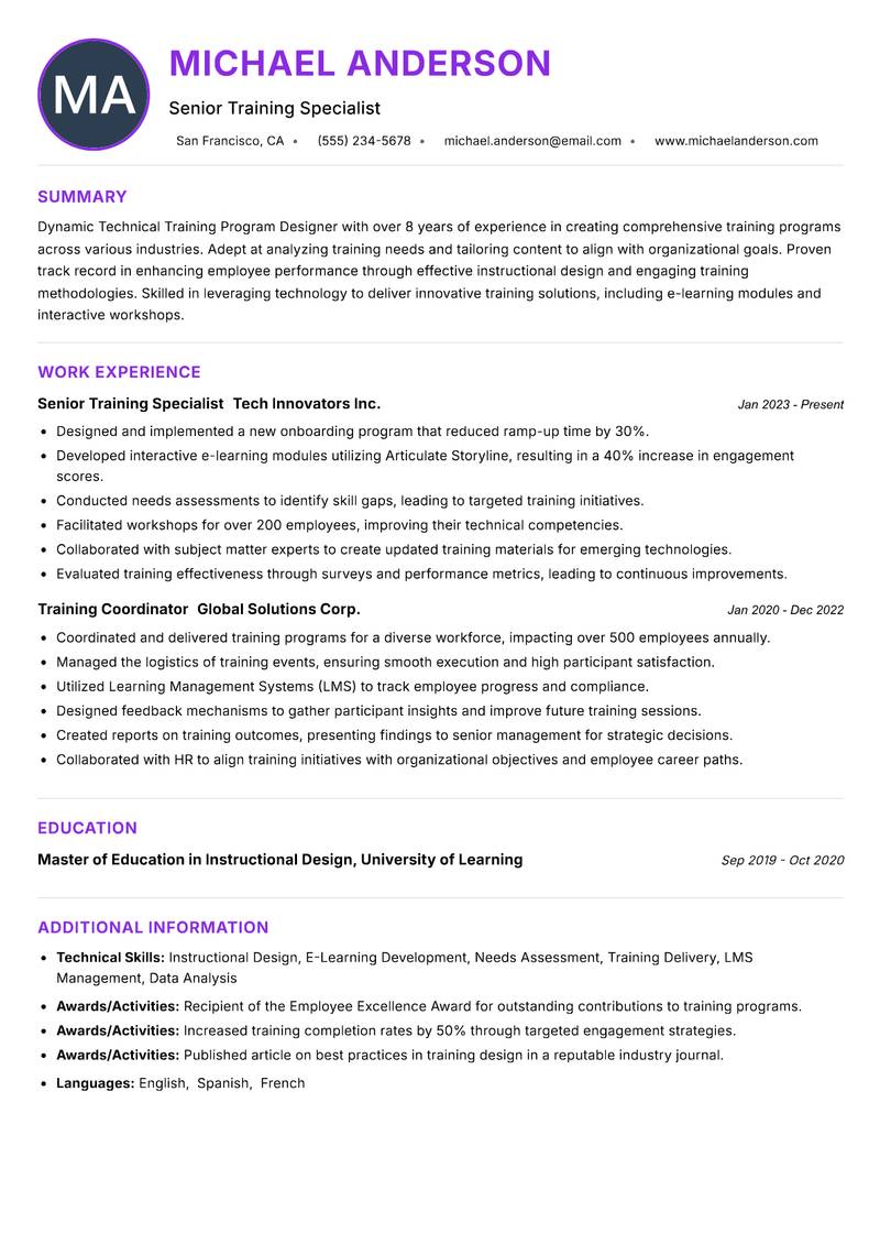 Technical Training Program Designer resume example — ATS-friendly template