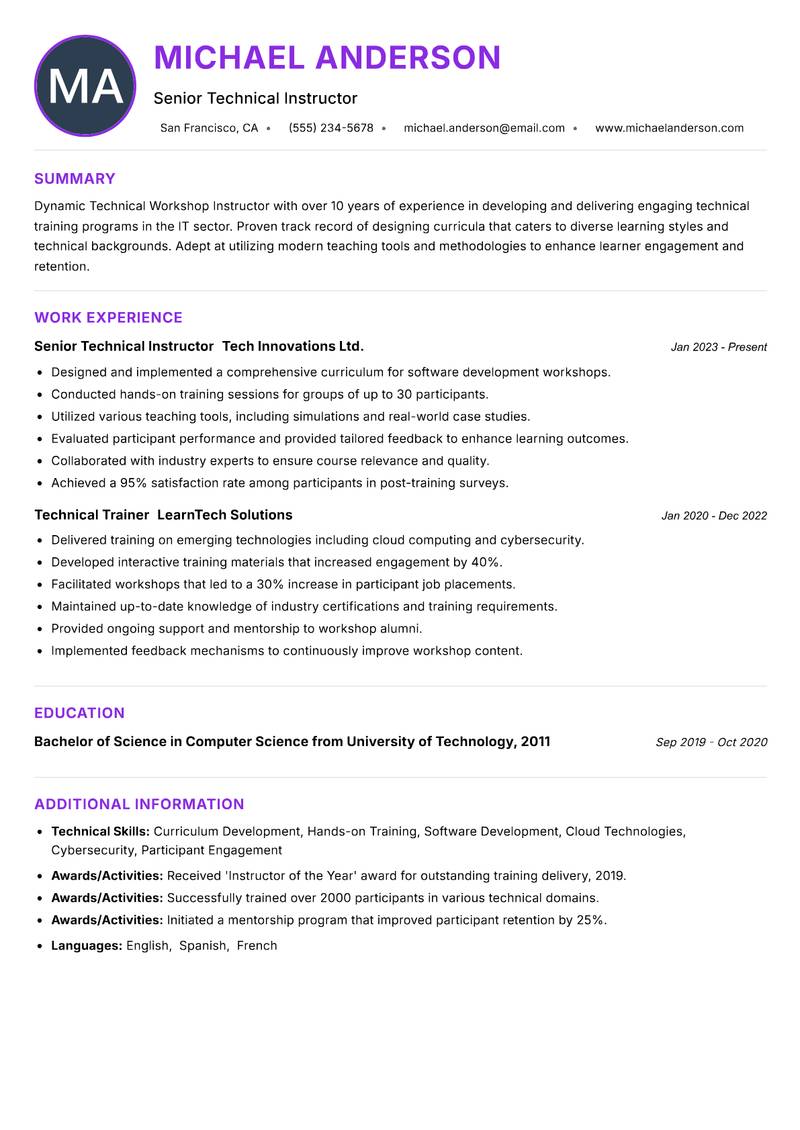 Technical Workshop Instructor resume example — ATS-friendly template
