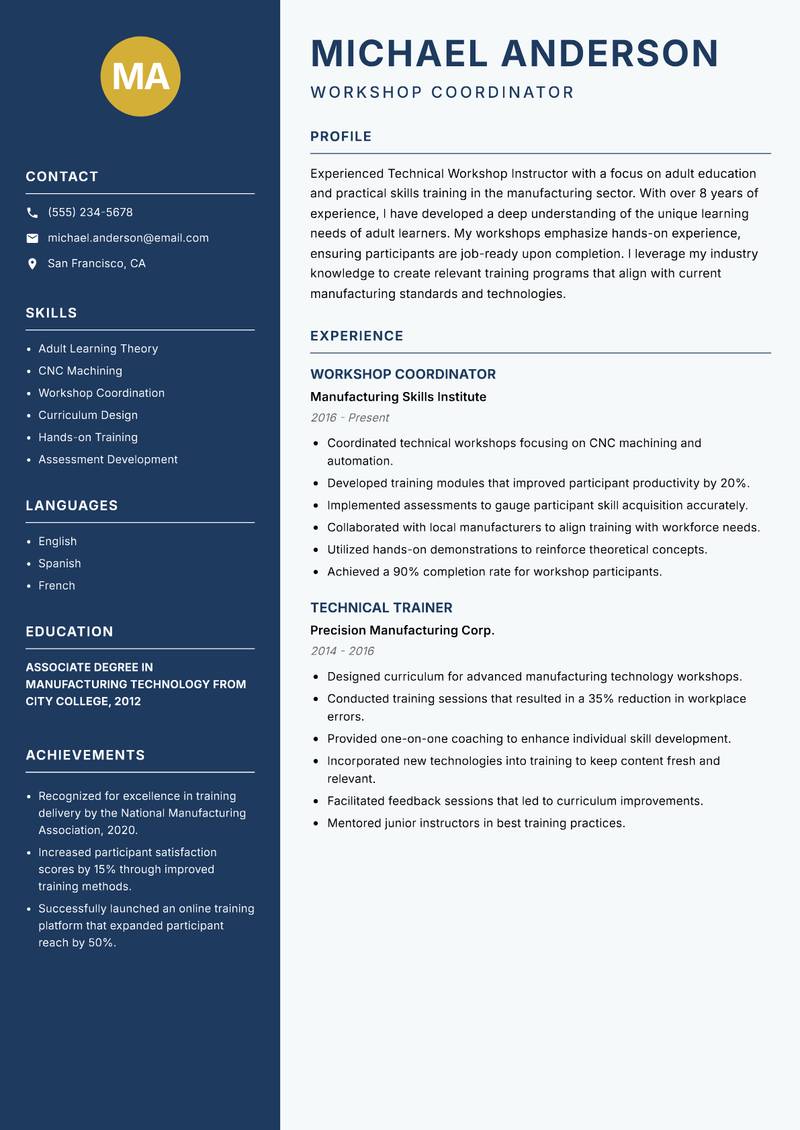 Technical Workshop Instructor resume template — Classic Clean
