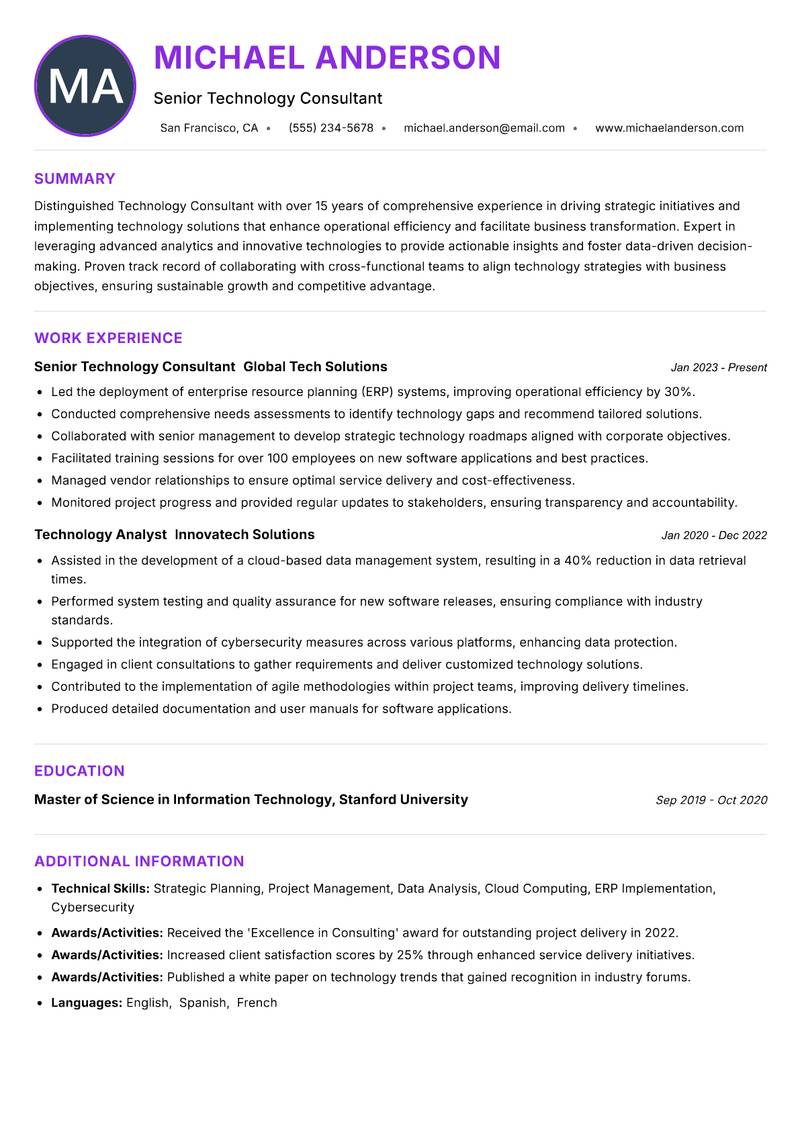 Technology Consultant resume example — ATS-friendly template
