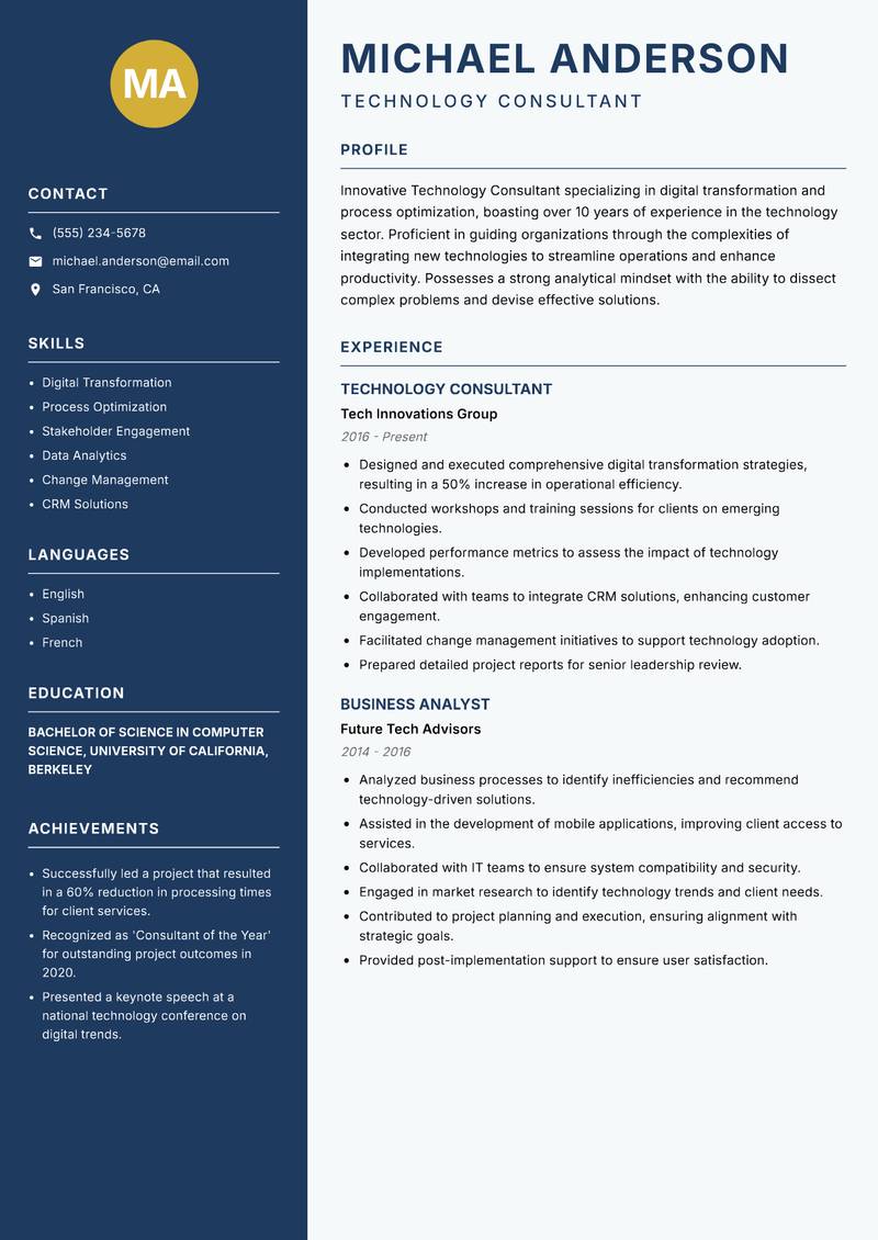 Technology Consultant resume template — Classic Clean