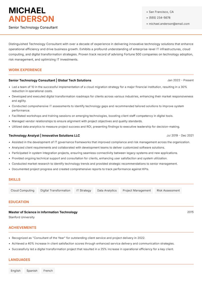 Technology Consultant resume template — Modern Professional