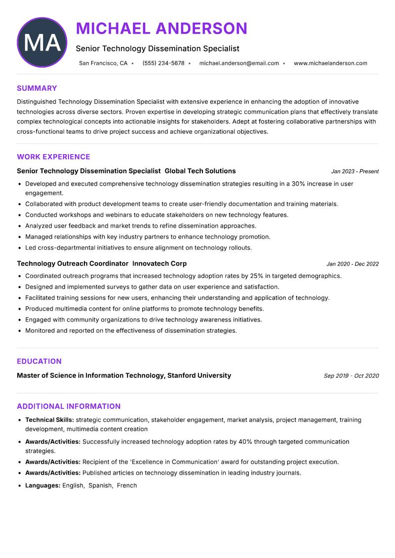 Technology Dissemination Specialist resume example — ATS-friendly template