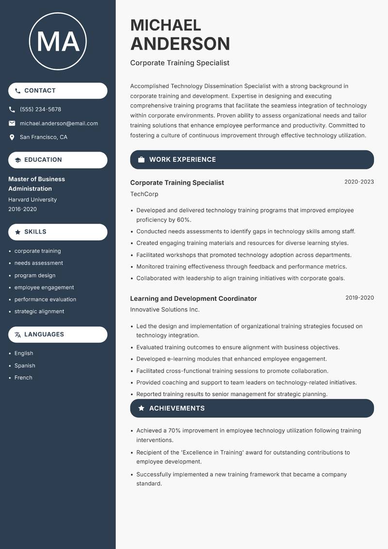 Technology Dissemination Specialist resume template — Compact