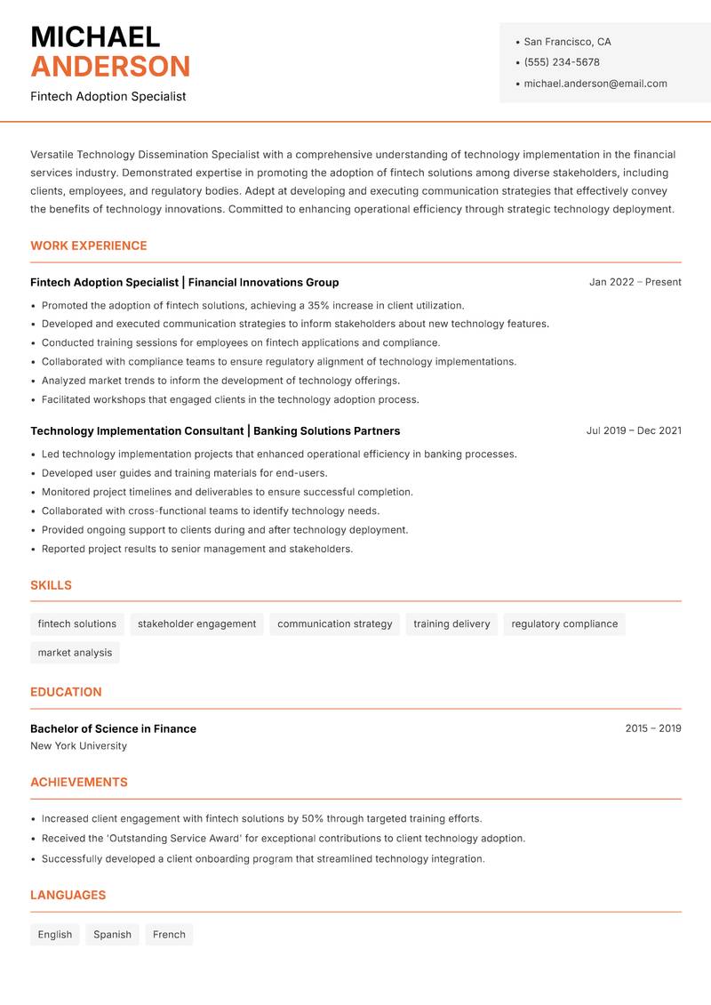 Technology Dissemination Specialist resume template — Modern Professional