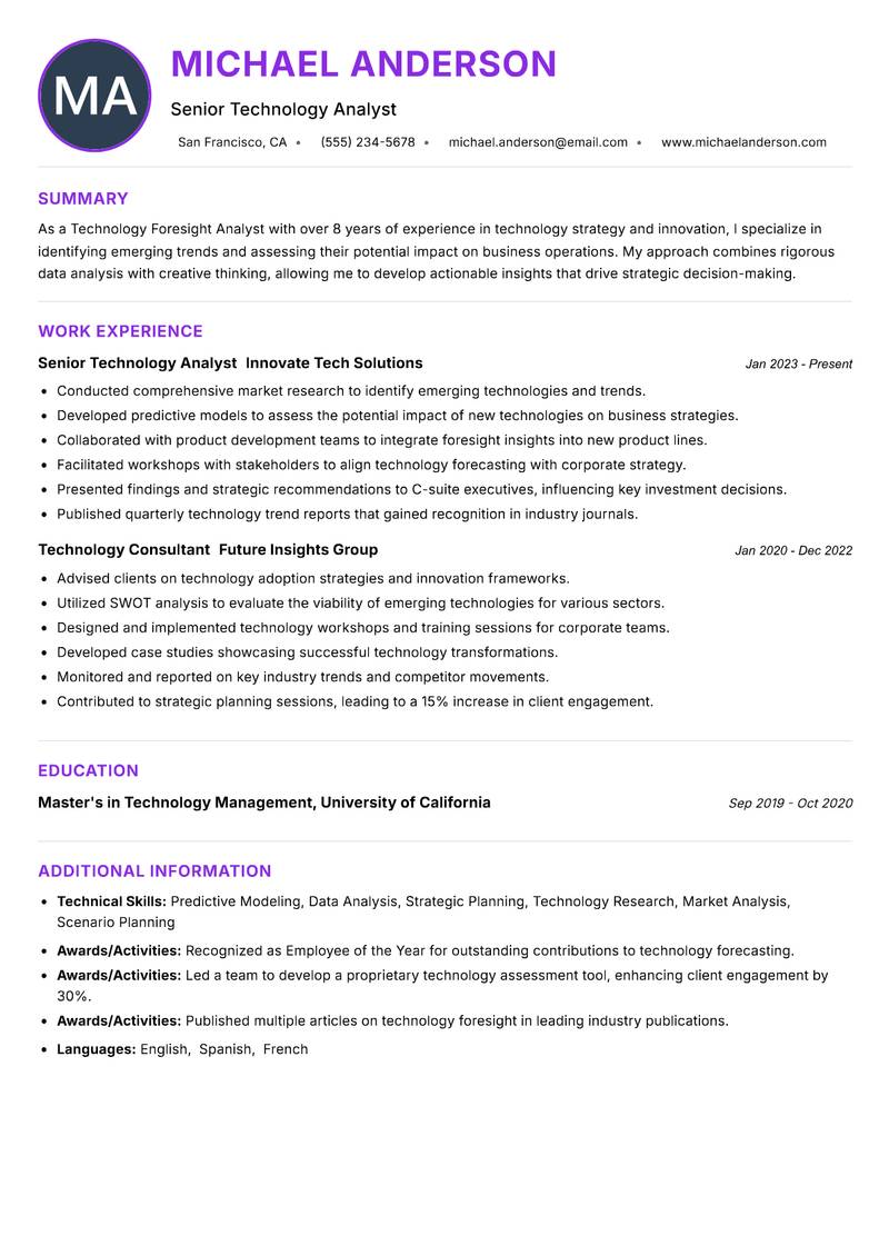Technology Foresight Analyst resume example — ATS-friendly template
