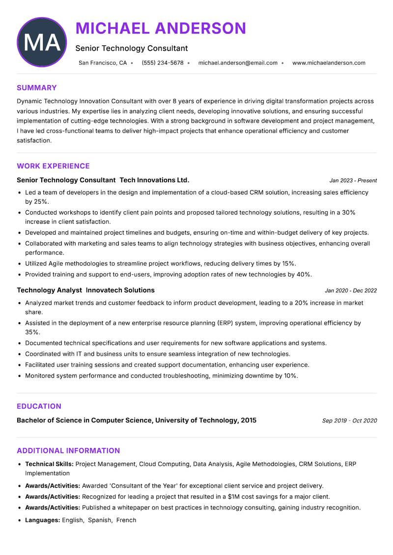 Technology Innovation Consultant resume example — ATS-friendly template