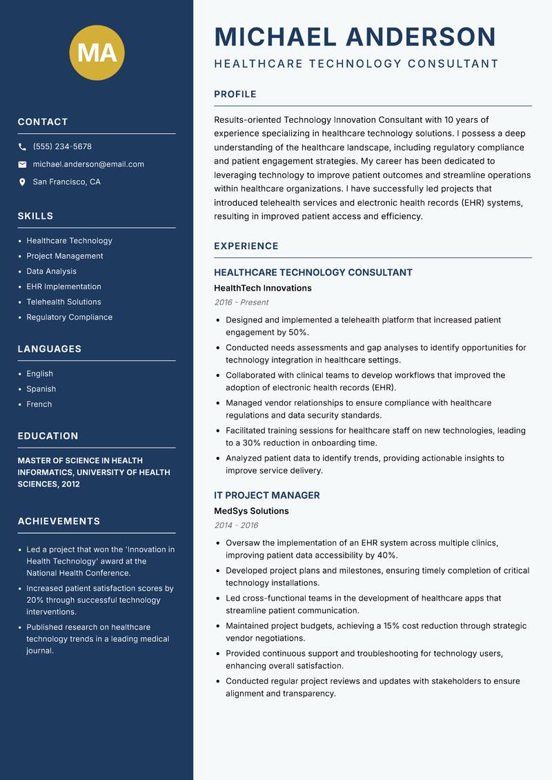 Technology Innovation Consultant resume template — Classic Clean