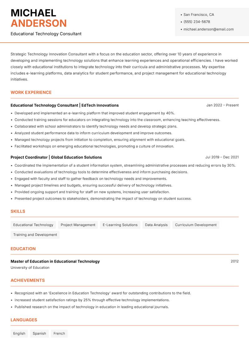 Technology Innovation Consultant resume template — Modern Professional