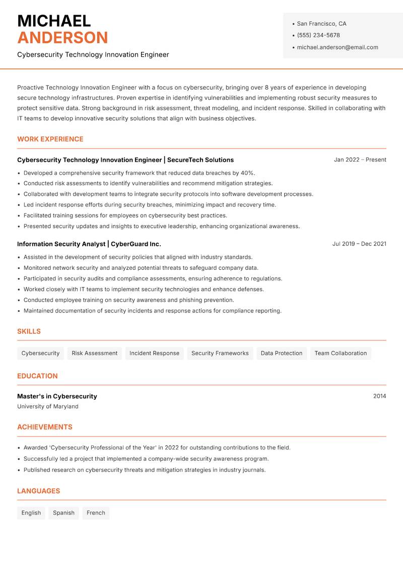 Technology Innovation Engineer resume template — Modern Professional