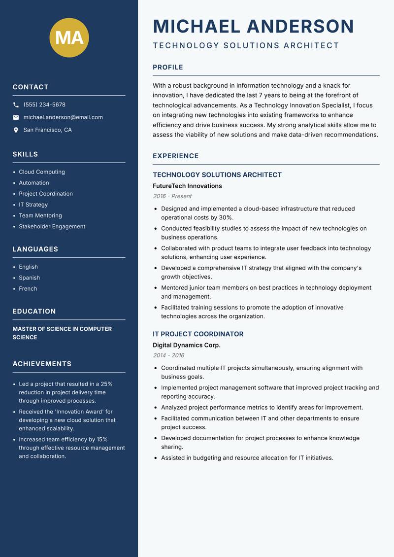 Technology Innovation Specialist resume template — Classic Clean