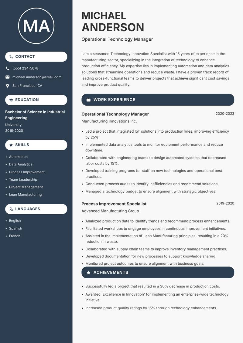 Technology Innovation Specialist resume template — Compact