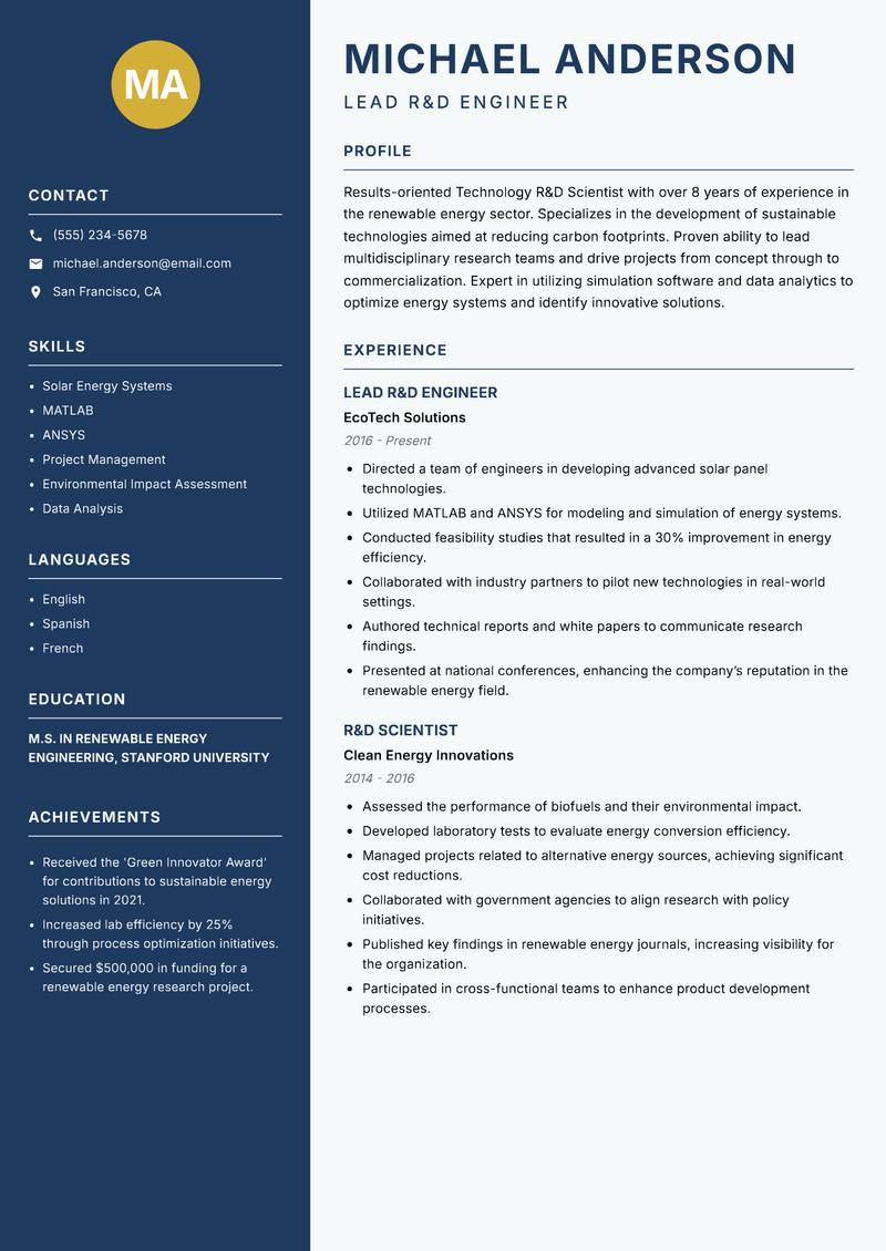 Technology R&D Scientist resume template — Classic Clean