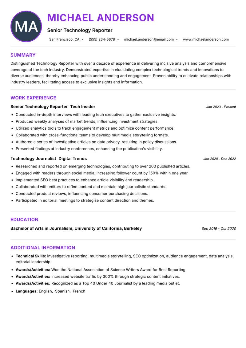 Technology Reporter resume example — ATS-friendly template
