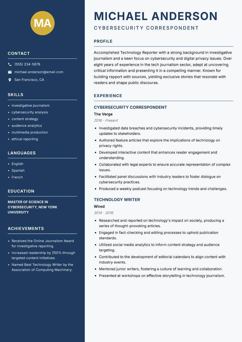 Technology Reporter resume template — Classic Clean