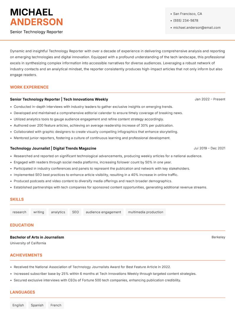 Technology Reporter resume template — Modern Professional