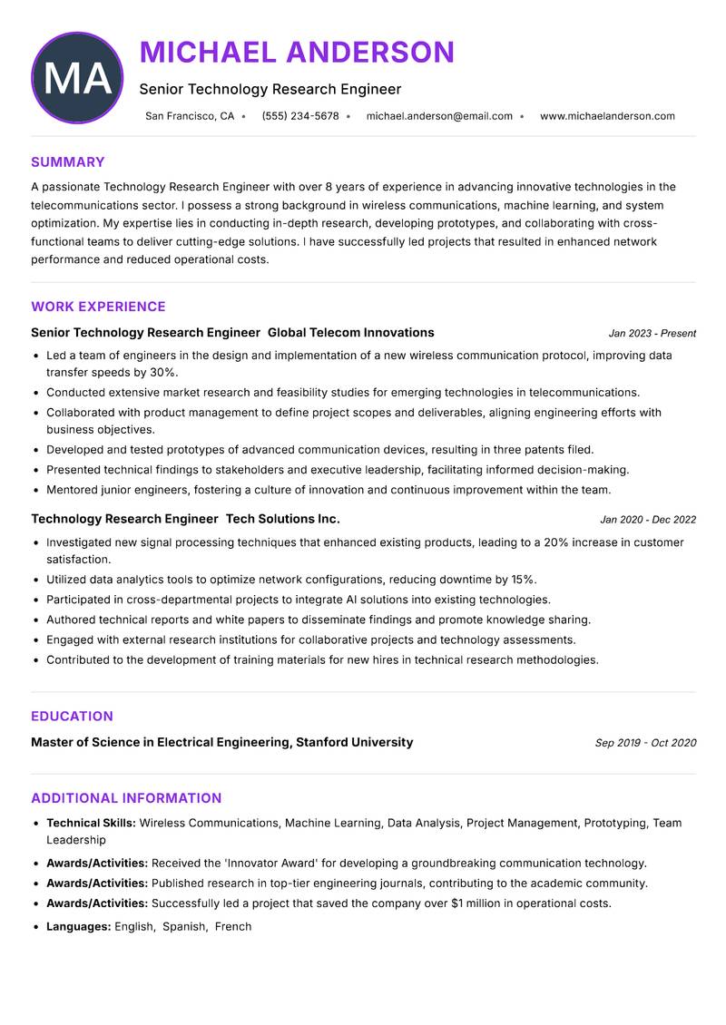 Technology Research Engineer resume example — ATS-friendly template