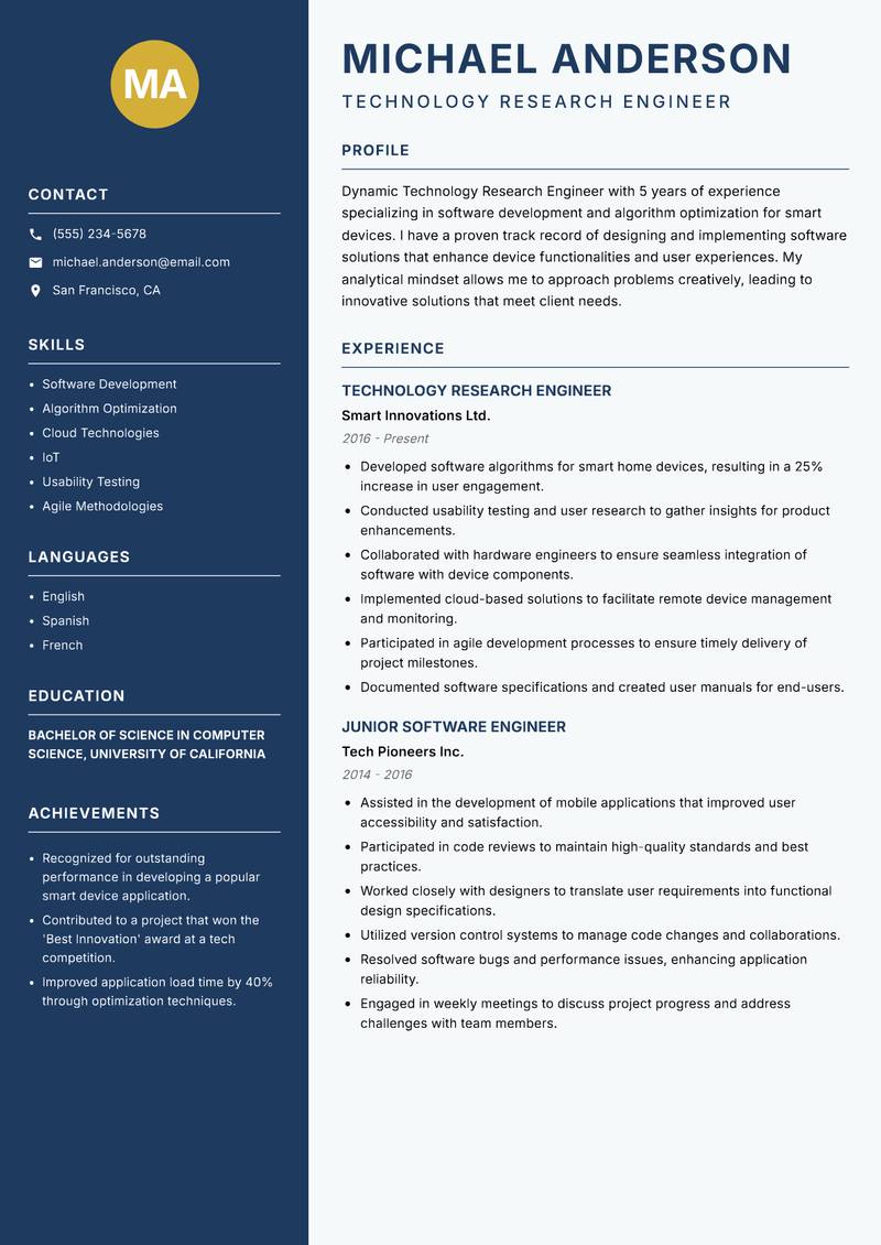 Technology Research Engineer resume template — Classic Clean