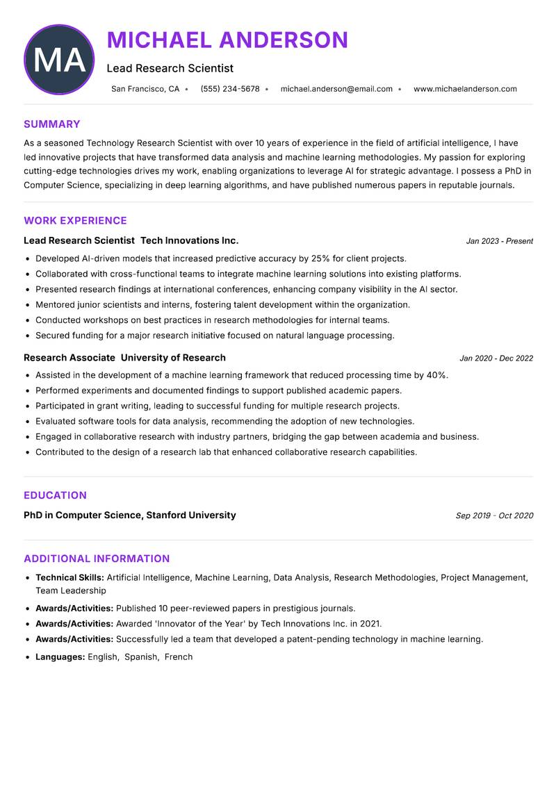 Technology Research Scientist resume example — ATS-friendly template