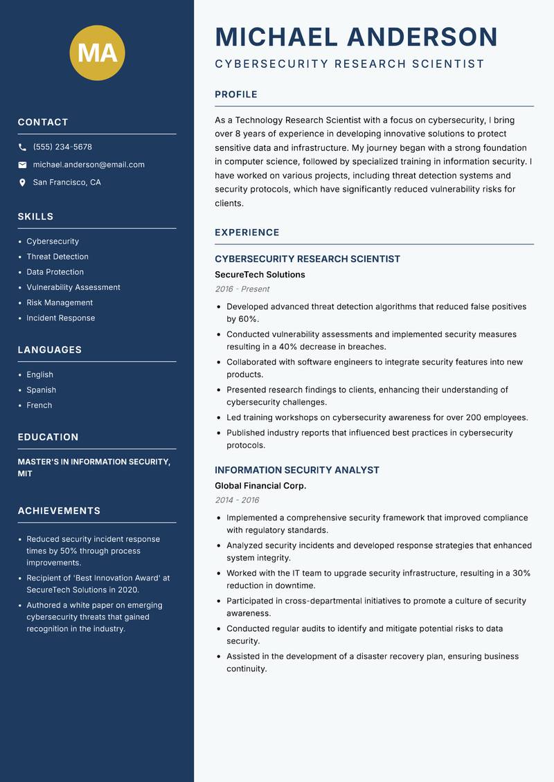 Technology Research Scientist resume template — Classic Clean