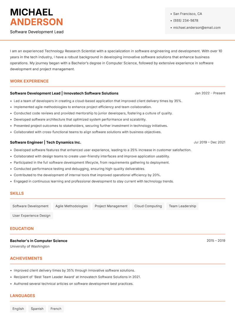 Technology Research Scientist resume template — Modern Professional