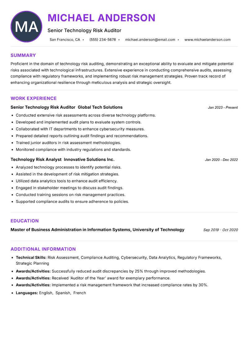 Technology Risk Auditor resume example — ATS-friendly template